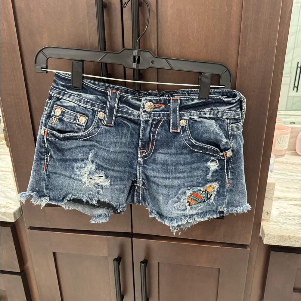 Miss Me Blue Distressed Jean Shorts with Patches